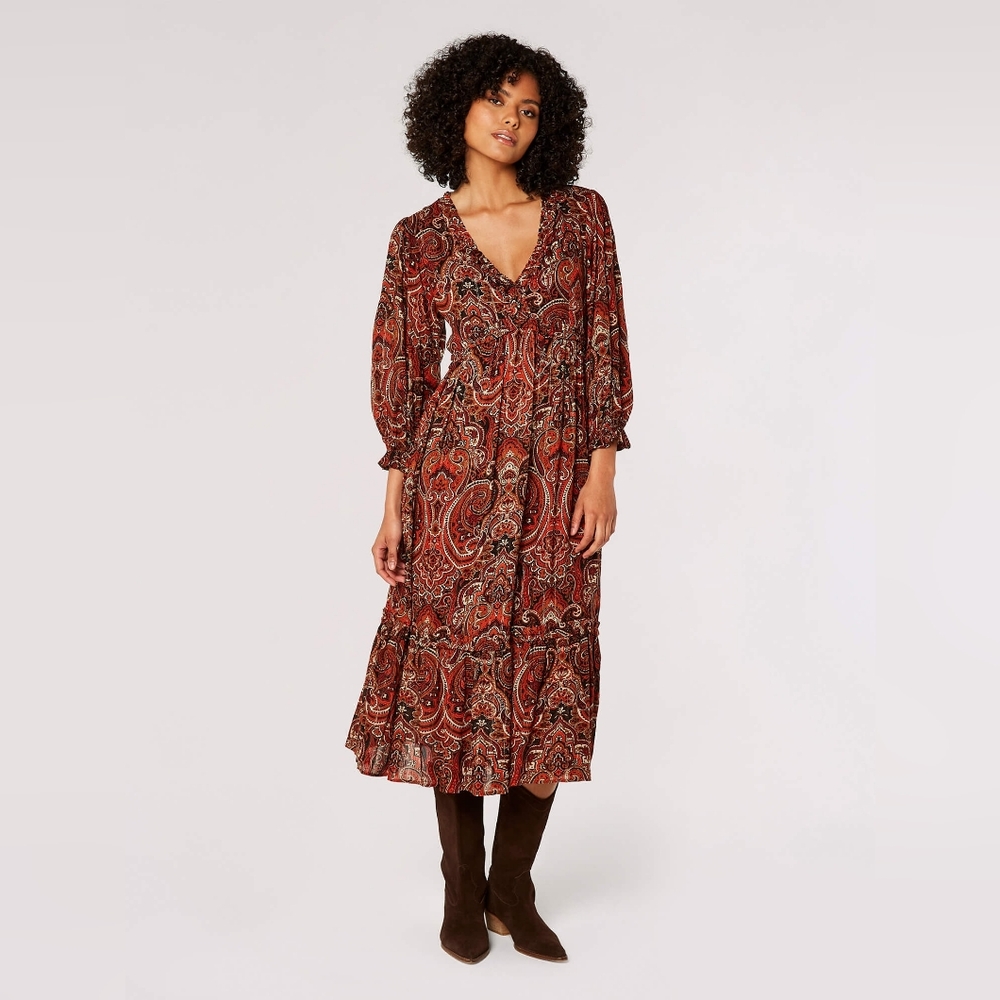 Paisley Midi Dress With Gold Thread